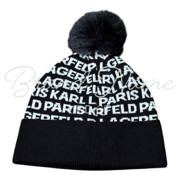 Karl Lagerfeld Black and White Logo Pom Beanie Hat - Picture 3 of 6